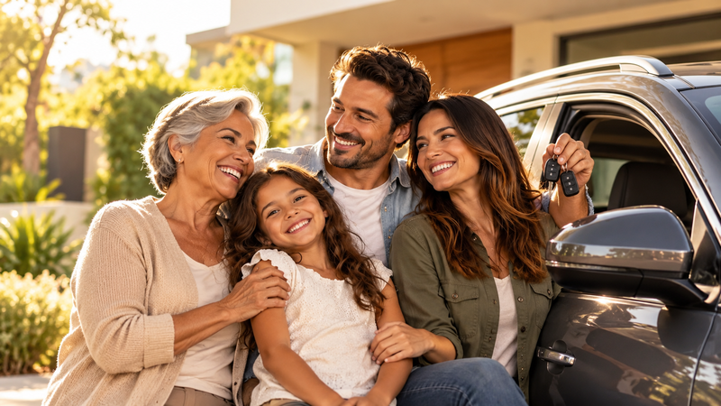 Família reunida com o carro, representando tranquilidade e proteção