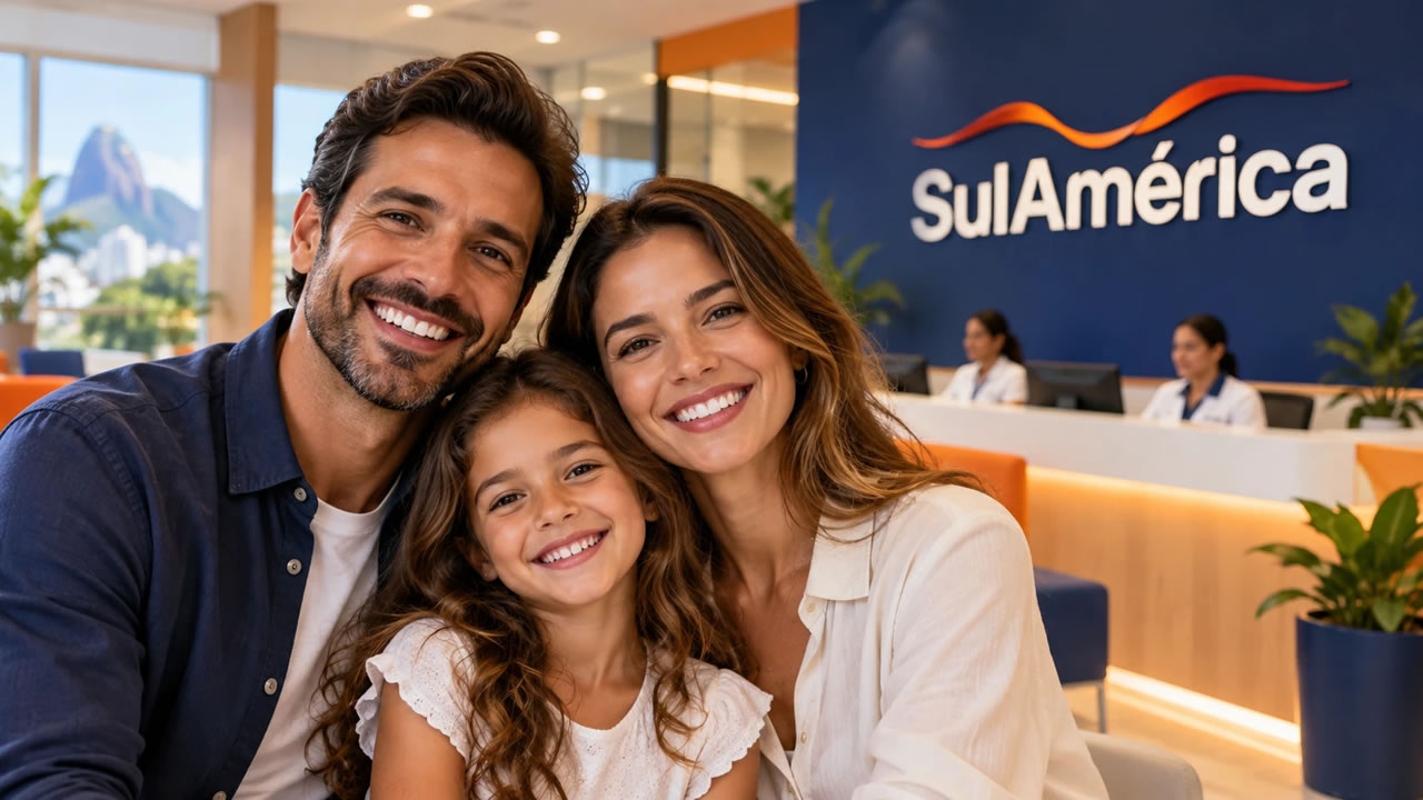 Família em ambiente ilustrativo de atendimento SulAmérica Saúde no Rio de Janeiro